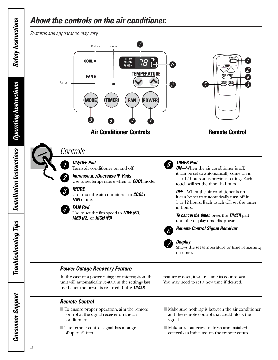 GE AGW18 About the controls on the air conditioner, Instructions Operating Instructions Safety Instructions, Installation 