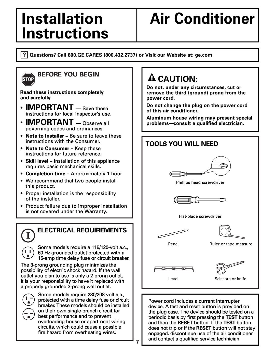 GE AGH18 Installation Instructions, Air Conditioner, IMPORTANT - Save these, Before You Begin, Electrical Requirements 