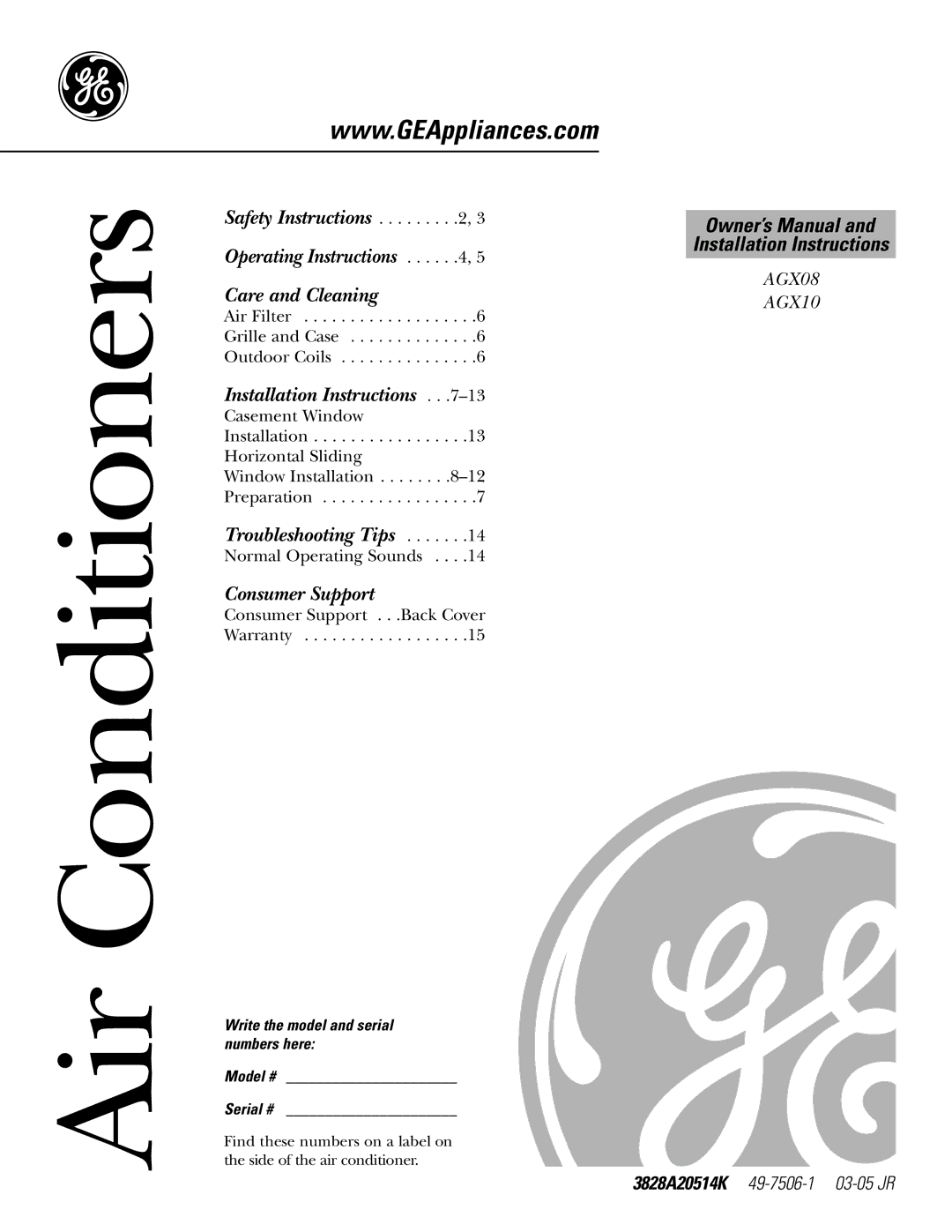 GE AGX10, AGX08 owner manual Air Conditioners, Write the model and serial numbers here Model # Serial # 