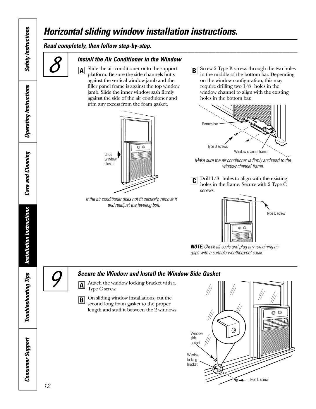 GE AGX08, AGX10 owner manual Secure the Window and Install the Window Side Gasket, Install the Air Conditioner in the Window 