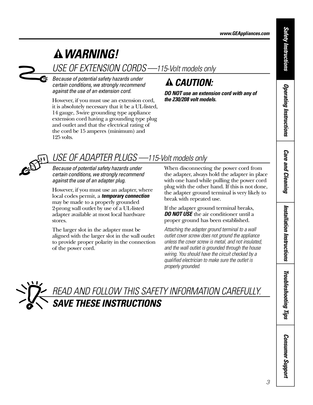 GE AGX10, AGX08 owner manual Operating Instructions, Cleaning Installation Instructions, Care 