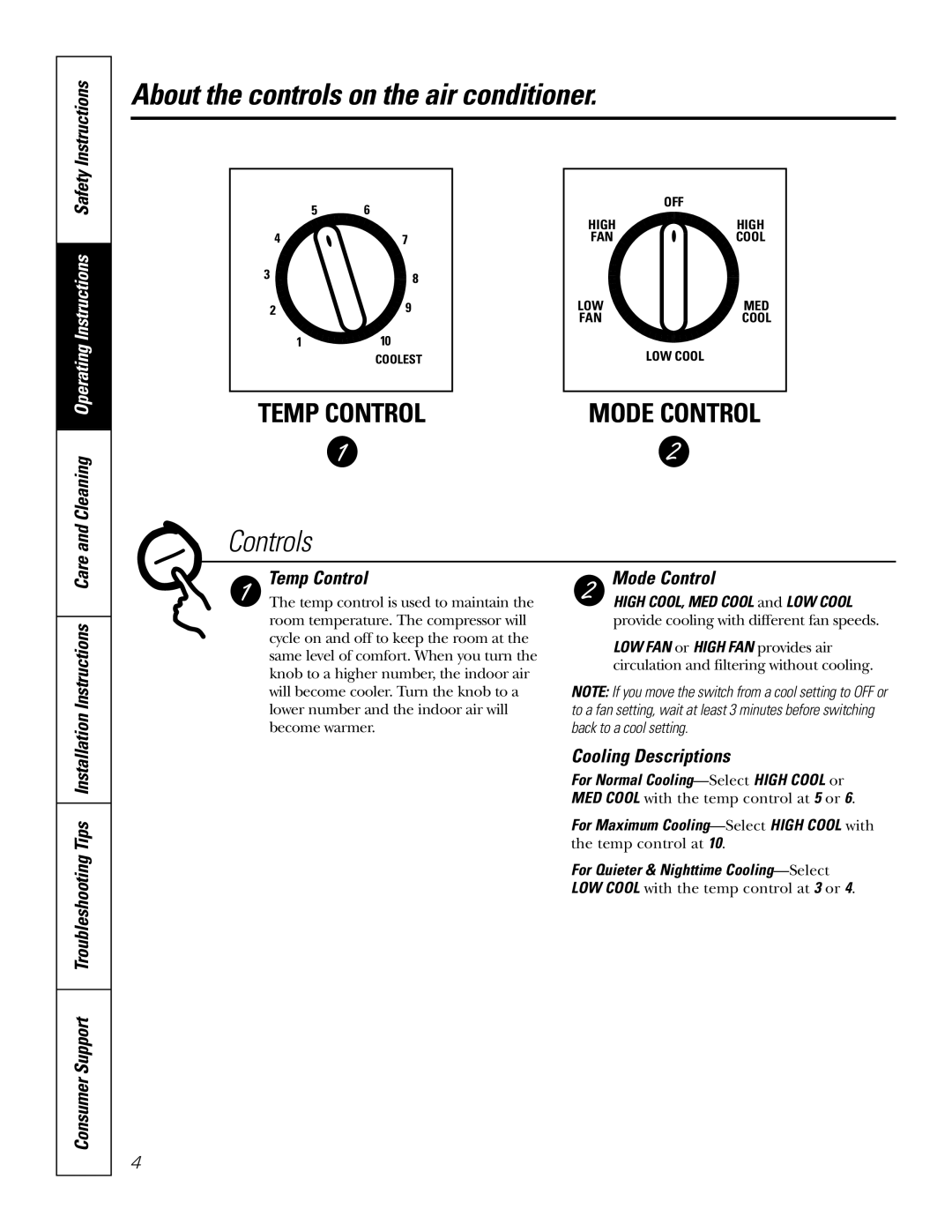 GE AGX08, AGX10 owner manual About the controls on the air conditioner 