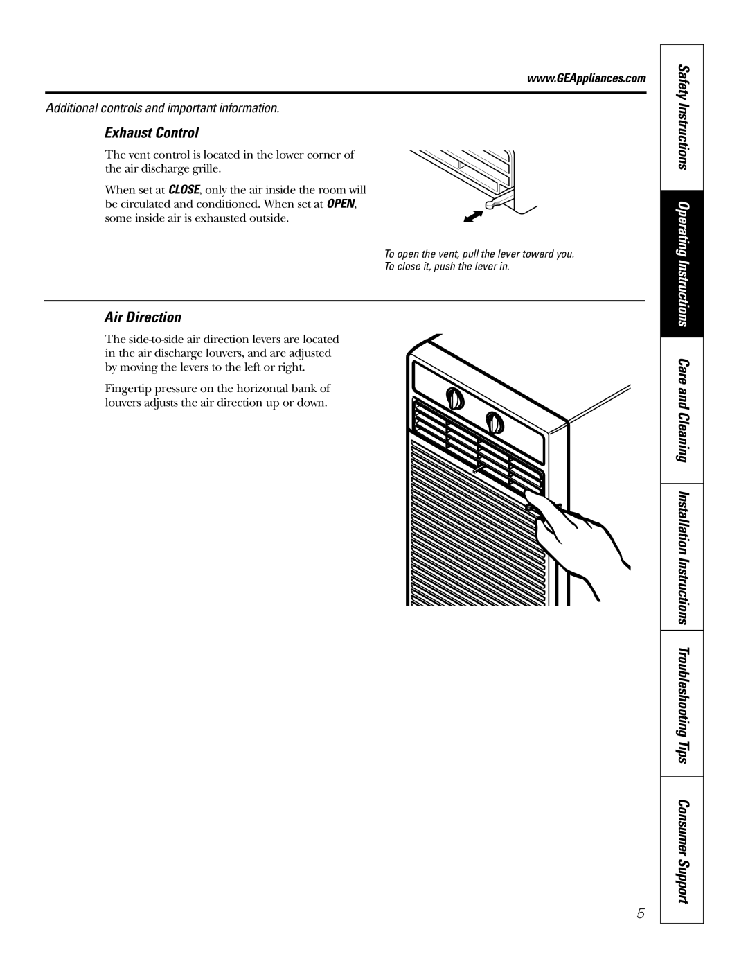 GE AGX10, AGX08 owner manual Exhaust Control, Air Direction 