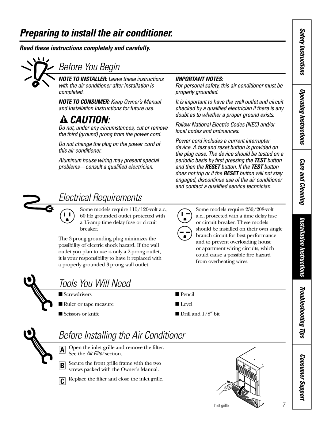 GE AGX10, AGX08 owner manual Preparing to install the air conditioner, Read these instructions completely and carefully 