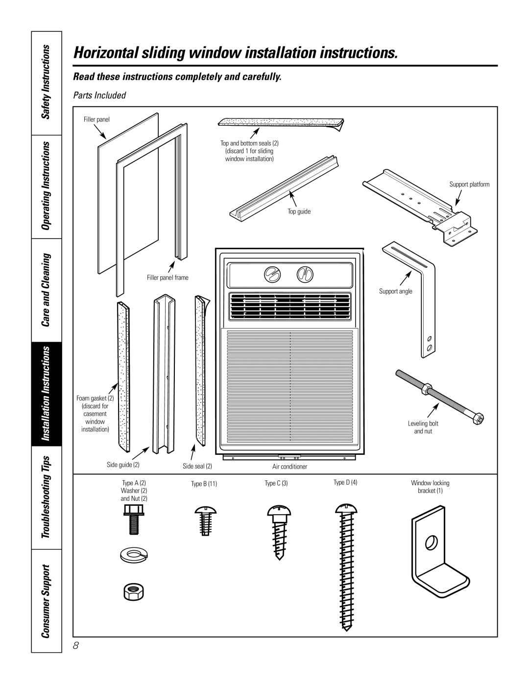 GE AGX08, AGX10 owner manual Horizontal sliding window installation instructions, Safety Instructions 