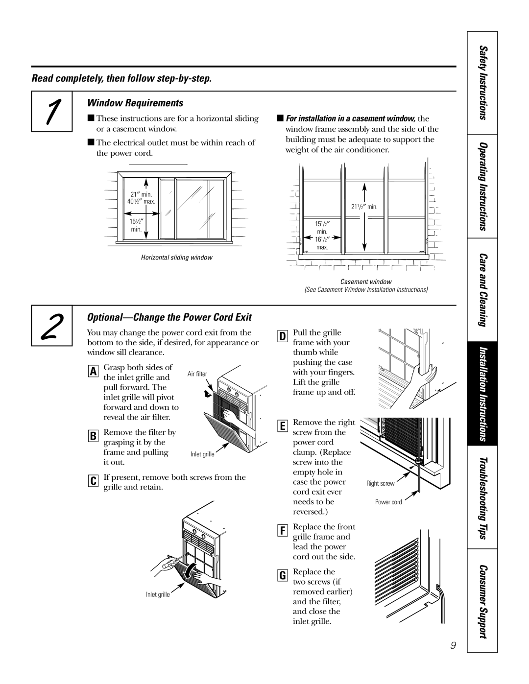 GE AGX10, AGX08 owner manual Instructions Care Optional-Change the Power Cord Exit, Instructions Operating 