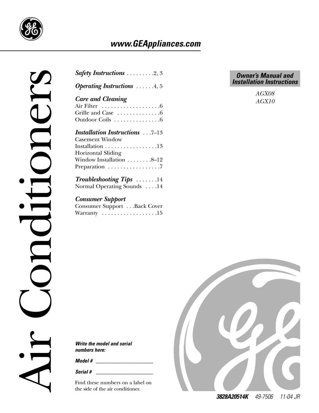 GE AGX08 AGX10 owner manual Air Conditioners, Write the model and serial numbers here Model # Serial # 