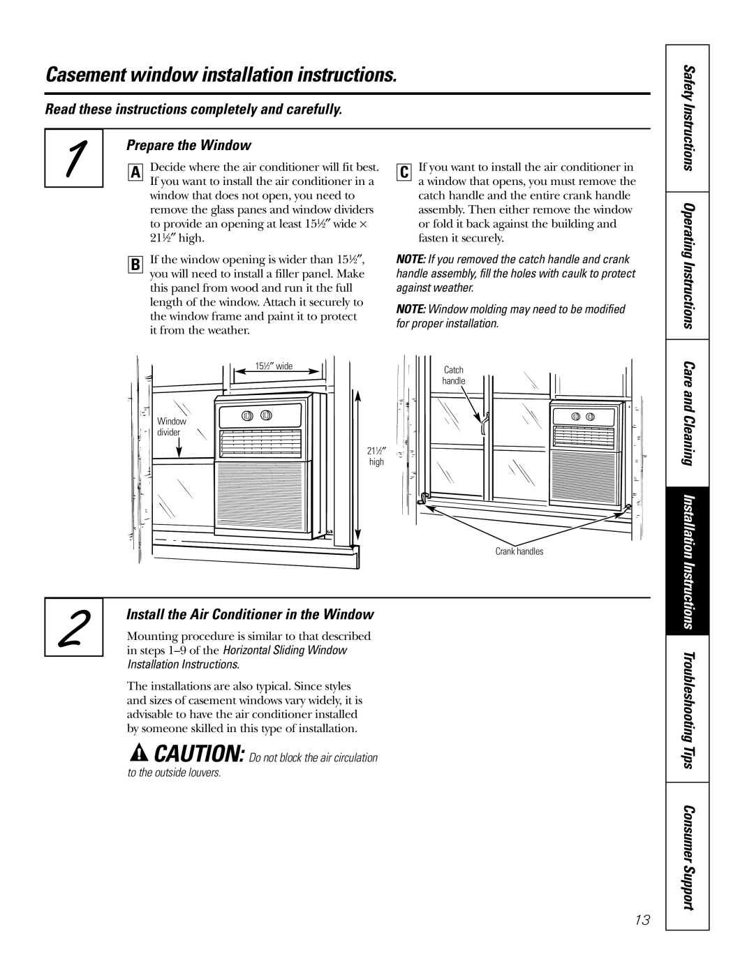 GE AGX08 AGX10 owner manual Casement window installation instructions, Instructions Troubleshooting Tips Consumer Support 