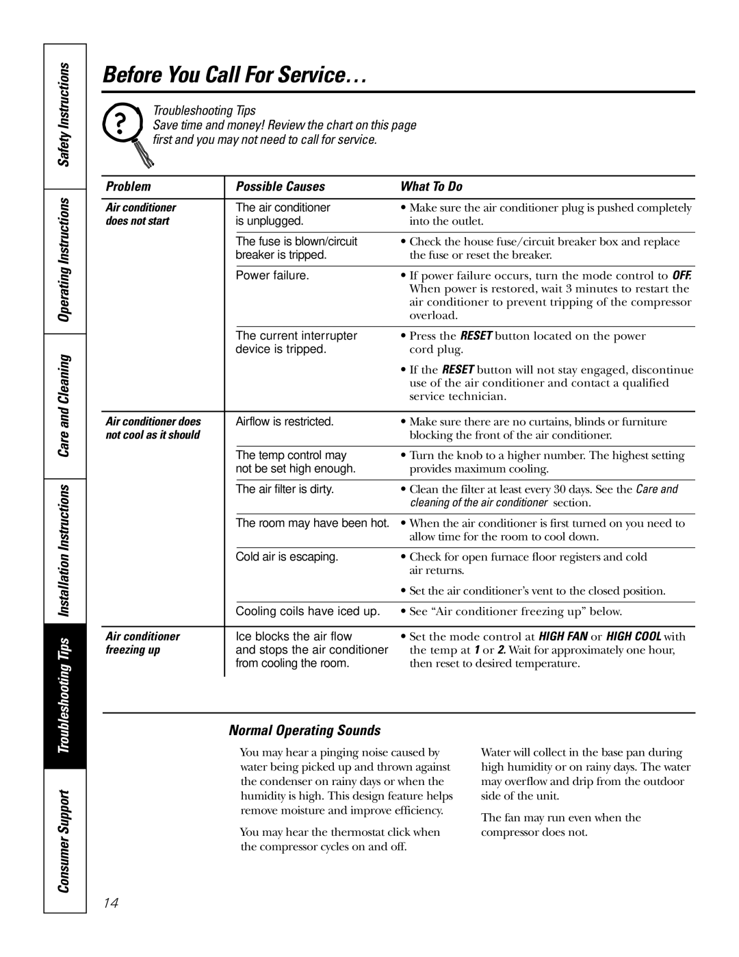 GE AGX08 AGX10 owner manual Before You Call For Service…, Consumer Support Normal Operating Sounds 