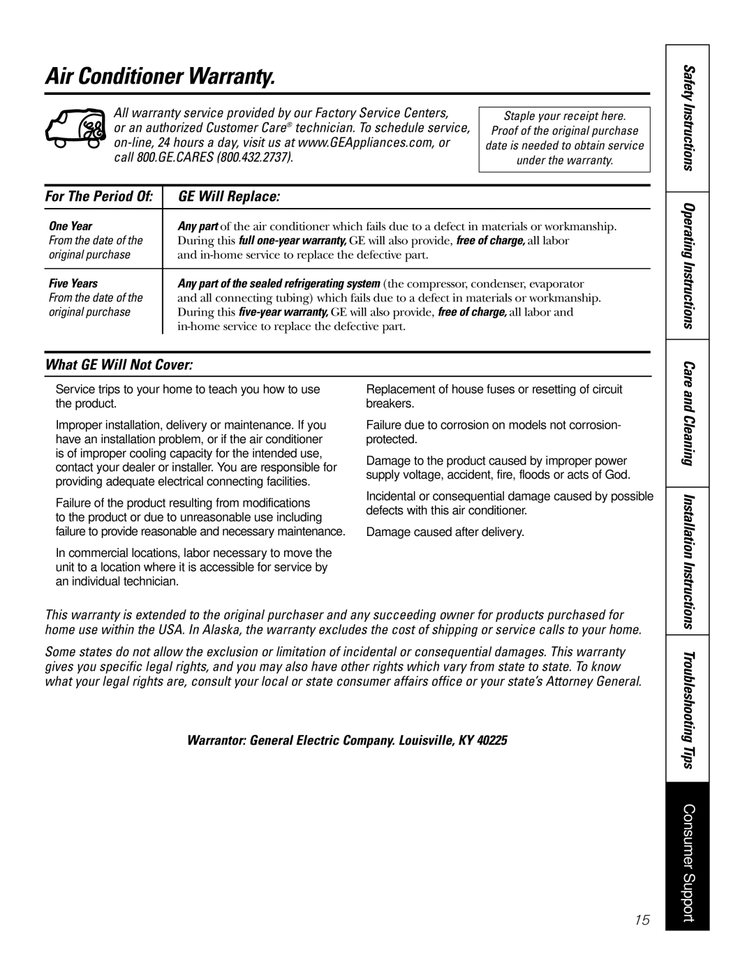 GE AGX08 AGX10 owner manual Air Conditioner Warranty, GE Will Replace, What GE Will Not Cover, One Year 