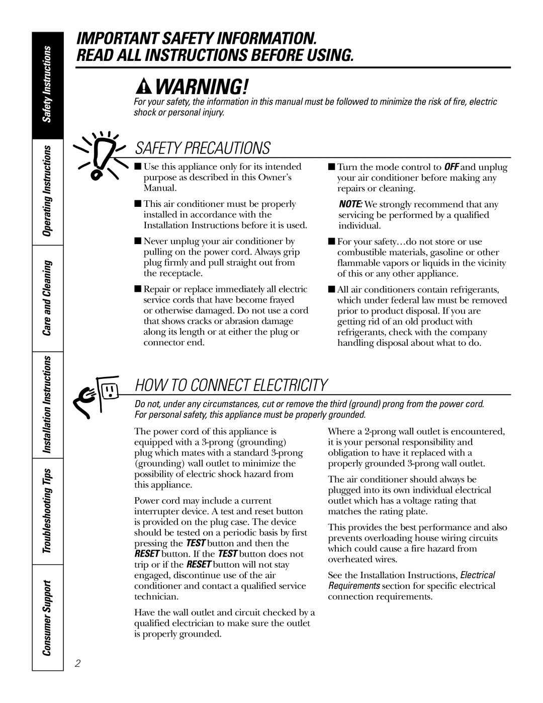 GE AGX08 AGX10 owner manual Safety Precautions, Care and Cleaning Operating Instructions 