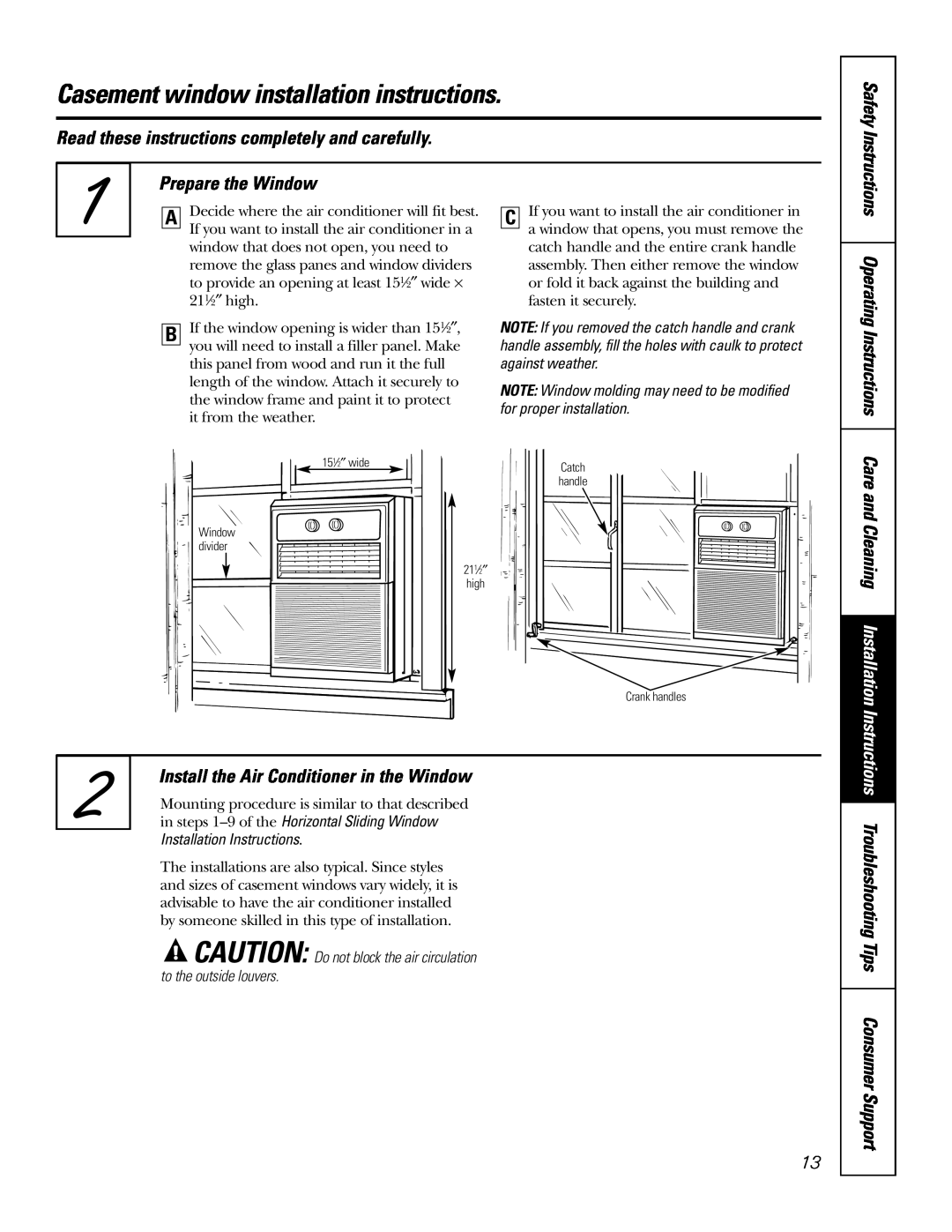 GE AGX10, AGX08 Casement window installation instructions, Prepare the Window, Care and Cleaning Installation, Safety 