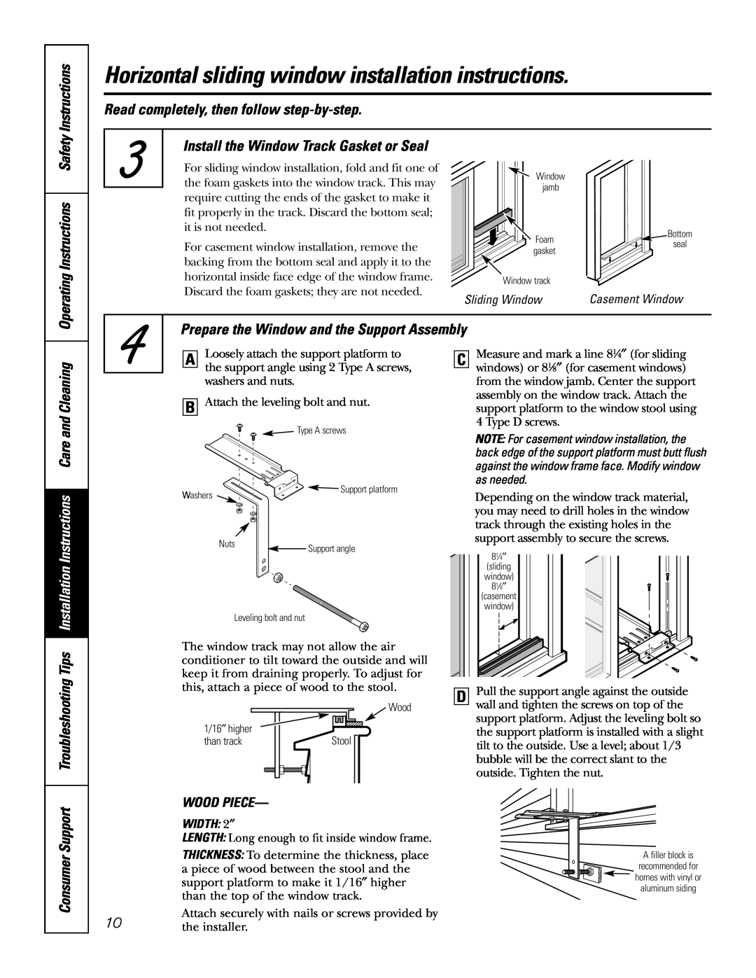 GE AGX08 AGX10 Instructions, Install the Window Track Gasket or Seal, Care and Cleaning, Installation, Consumer Support 