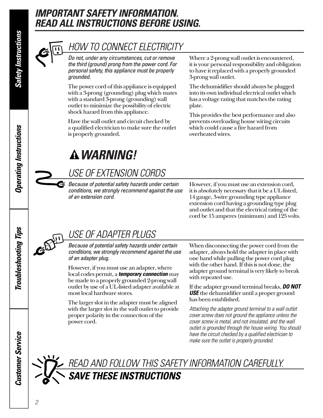 GE AHG20 owner manual HOW to Connect Electricity, USE of Extension Cords, Instructions, Safety 