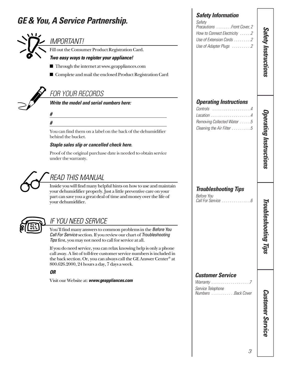 GE AHG20 owner manual GE & You, a Service Partnership, Safety Information, Operating Instructions, Troubleshooting Tips 