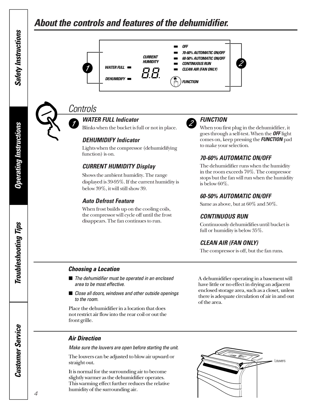 GE AHG20 owner manual About the controls and features of the dehumidifier, Controls, Safety Instructions 