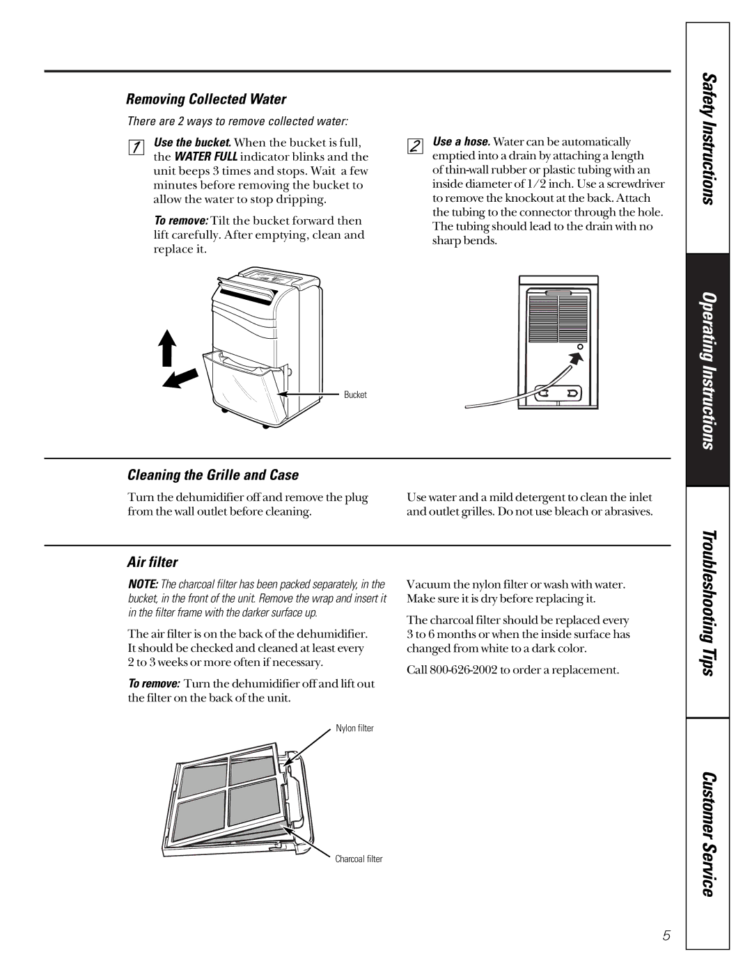 GE AHG20 Safety Instructions, Operating Instructions, Removing Collected Water, Cleaning the Grille and Case, Air filter 