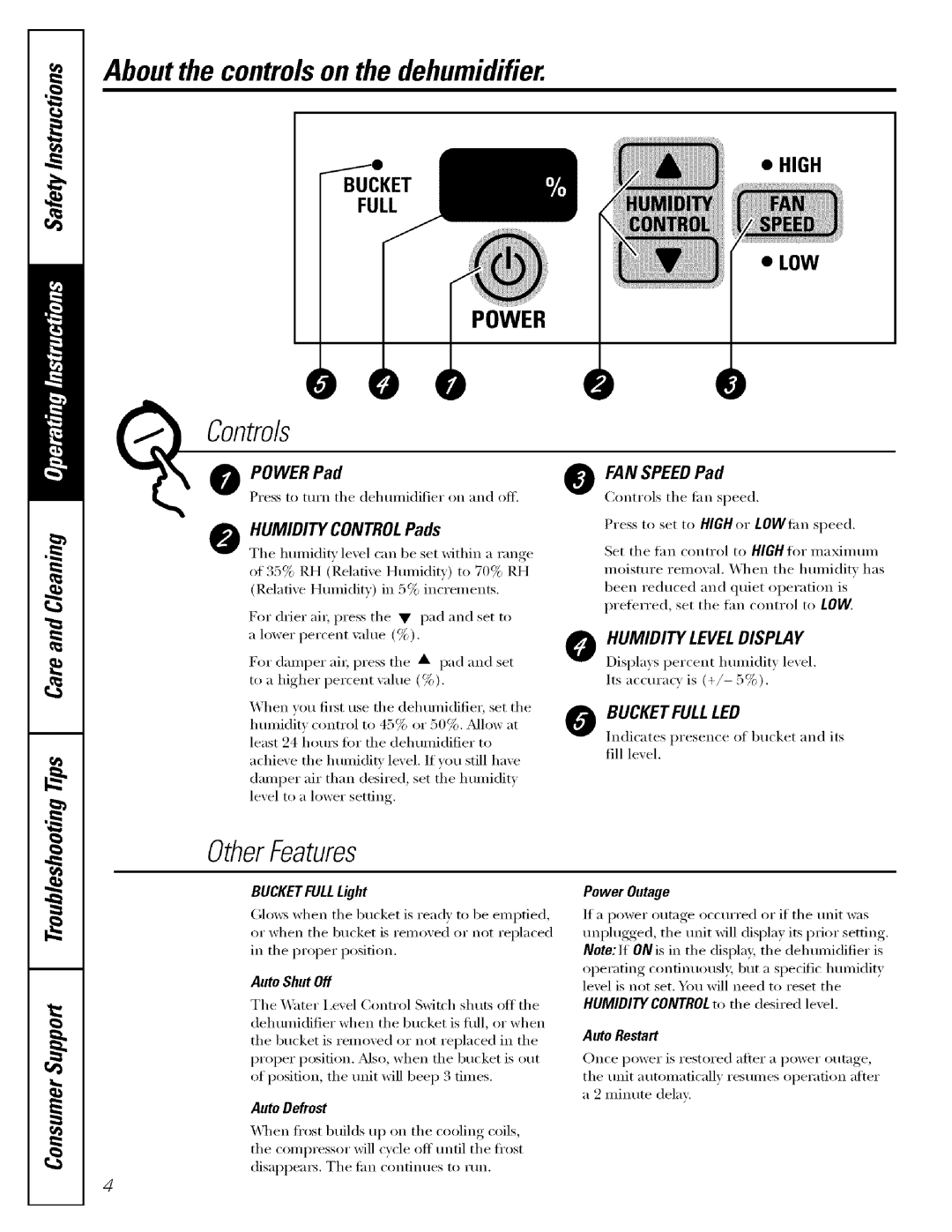 GE AHG50LH, AHG30LH About the controlson the dehumidifier, Power Pad, @HUMIDITY CONTROLPads, FAN SPEEDPad, Power Outage 