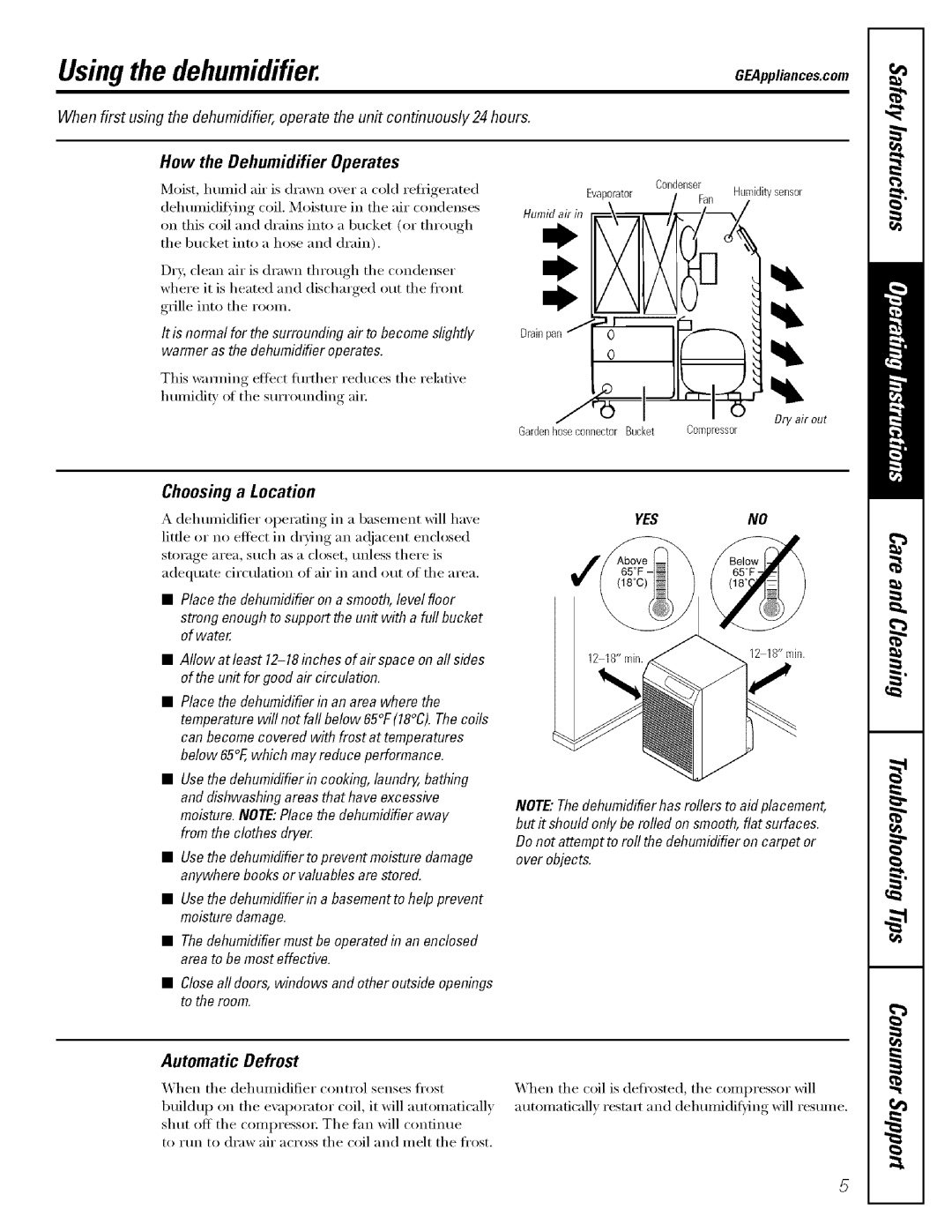 GE AHG40LH, AHG30LH, AHG50LH Usingthe dehumidifier, How the Dehumidifier Operates, Choosing a Location, Automatic Defrost 