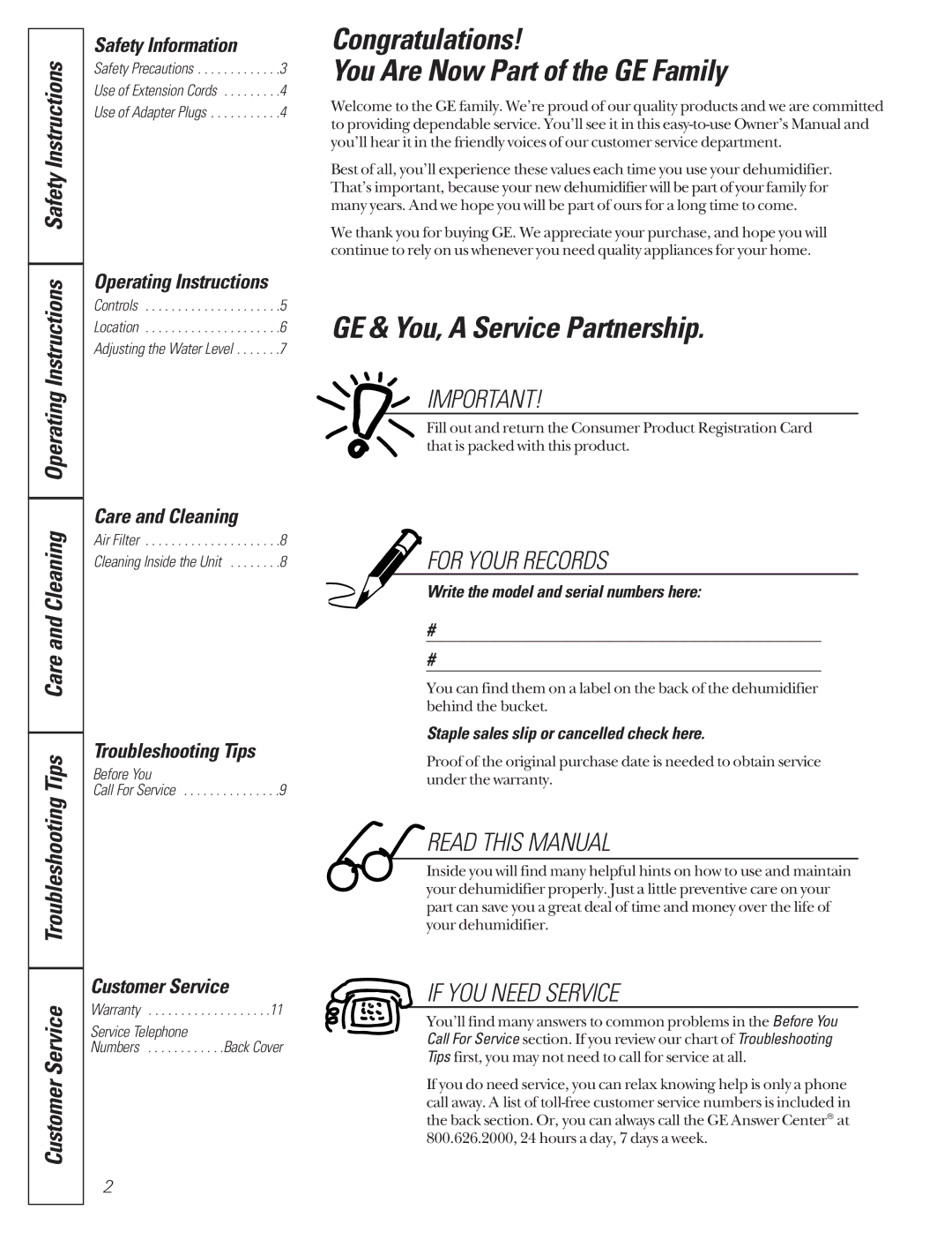 GE AHG40, AHG50, AHG25 owner manual Congratulations You Are Now Part of the GE Family, GE & You, a Service Partnership 