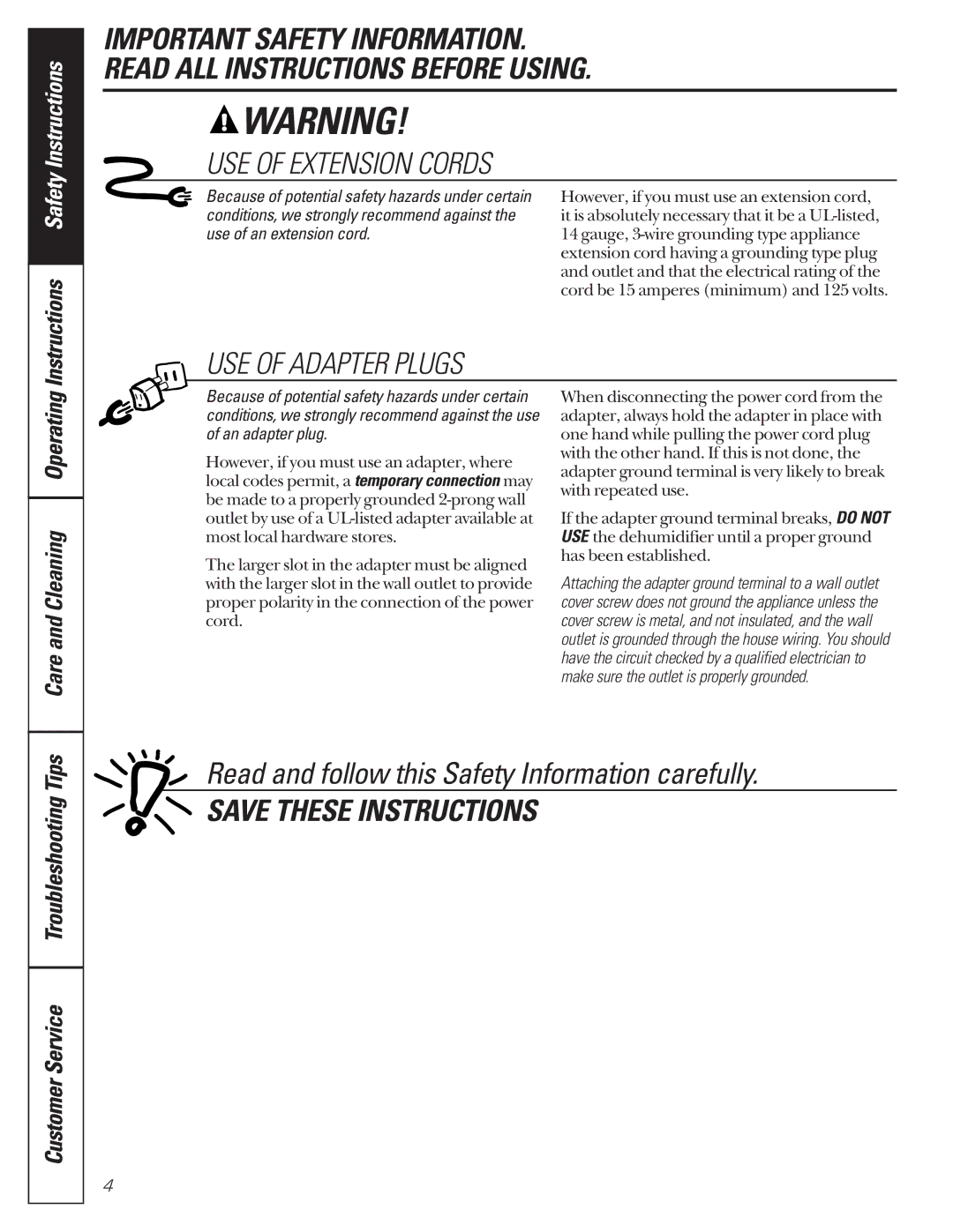 GE AHG25, AHG50, AHG40 owner manual USE of Extension Cords 