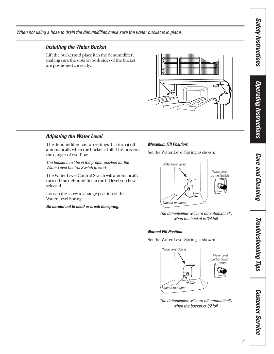 GE AHG25, AHG50, AHG40 owner manual Installing the Water Bucket, Adjusting the Water Level, Normal Fill Position 