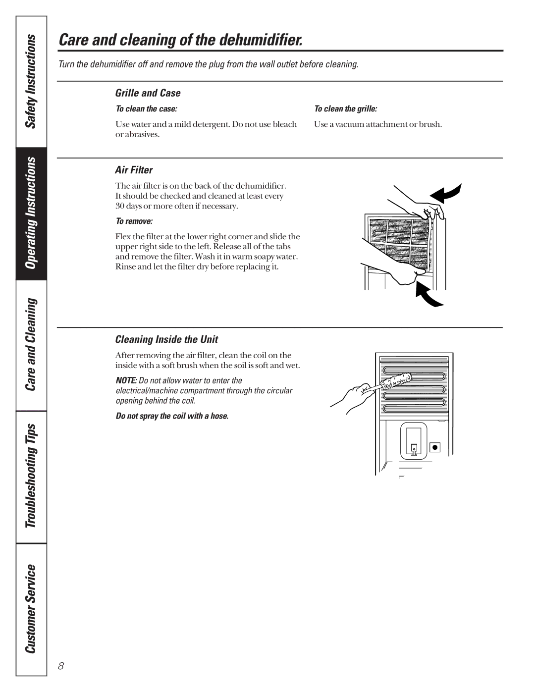 GE AHG40, AHG50, AHG25 Care and cleaning of the dehumidifier, Grille and Case, Air Filter, Cleaning Inside the Unit 