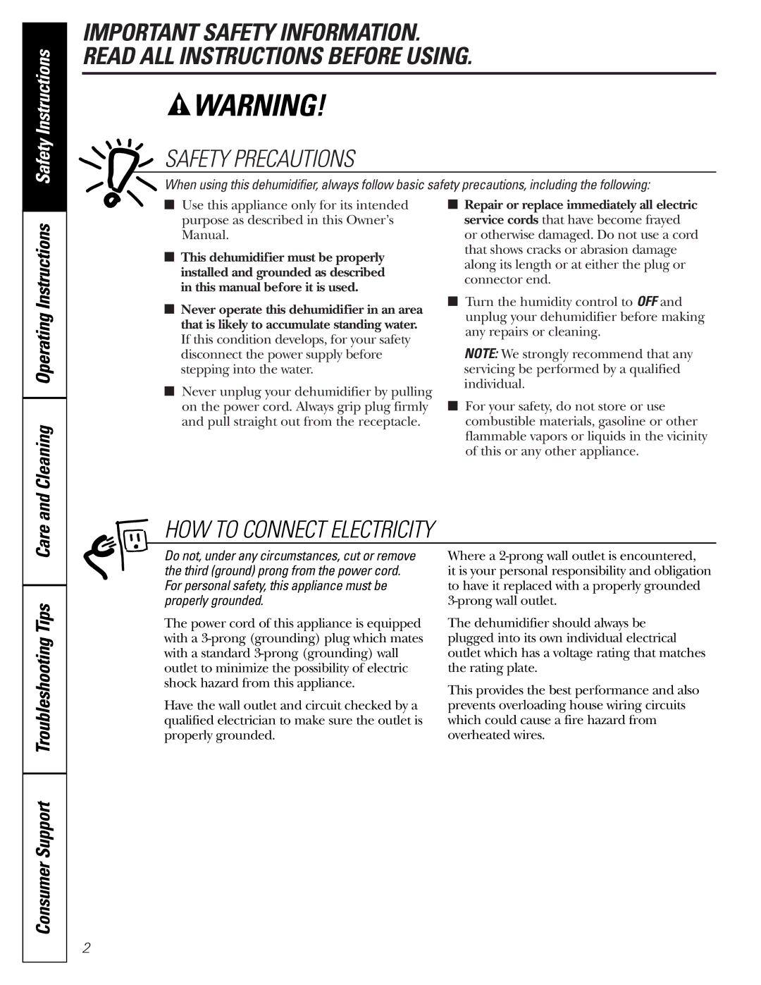 GE AHG50 owner manual Care and Cleaning OperatingInstructions Safety Instructions, Consumer Support TroubleshootingTips 