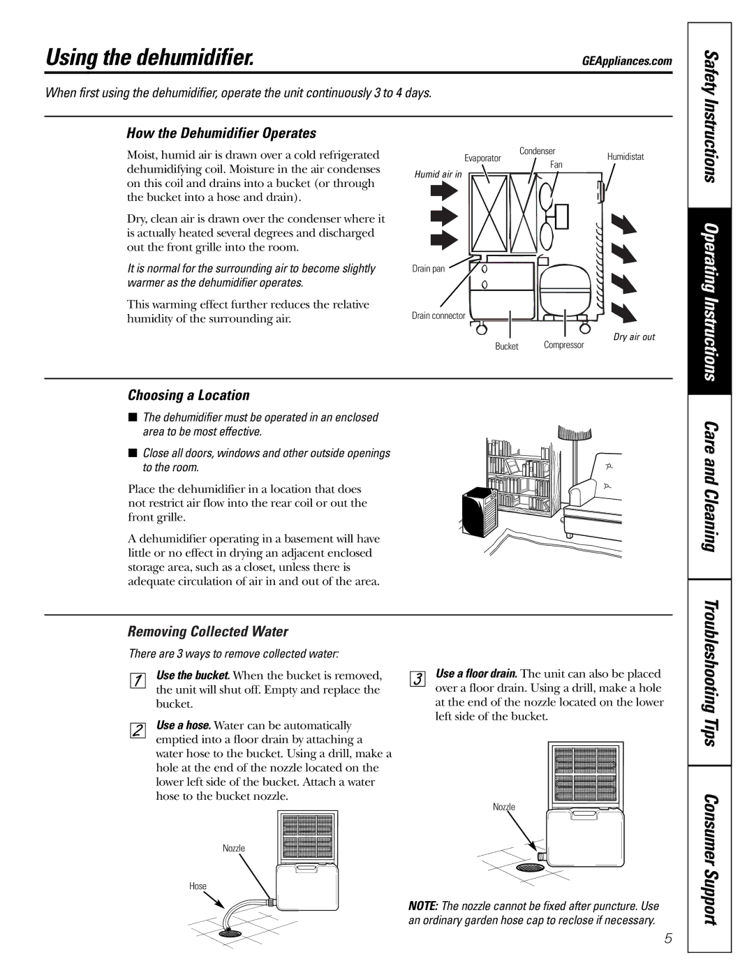 GE AHG50 owner manual Using the dehumidifier, Safety, Care and Cleaning 