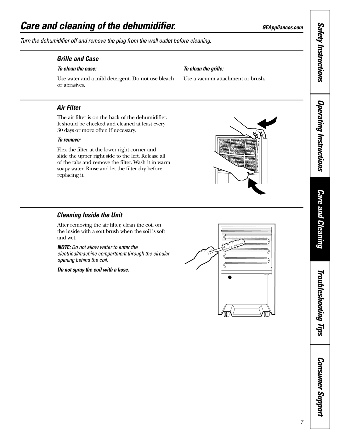 GE AHG50 owner manual Care and cleaning of the dehumidifier, Grille and Case, Air Filter, Cleaning Inside the Unit 