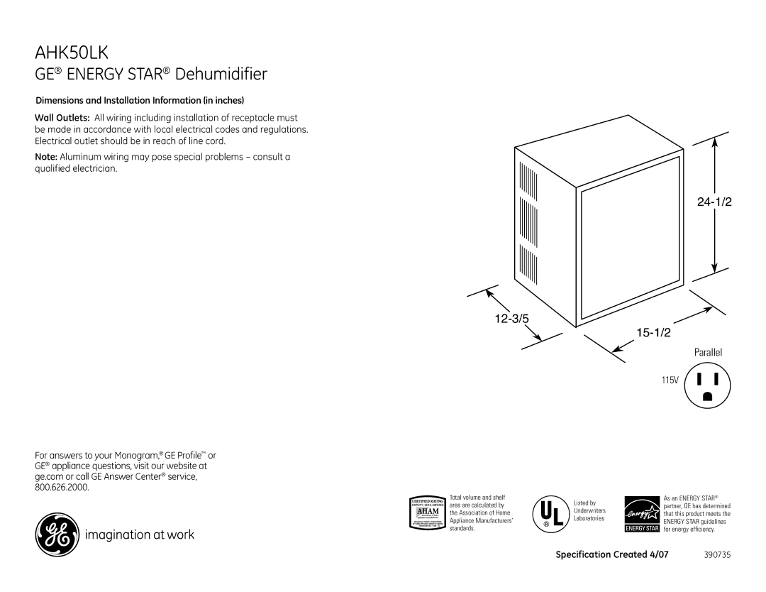 GE AHK50LK dimensions GE Energy Star Dehumidifier, 24-1/2 12-3/5 15-1/2, Parallel 