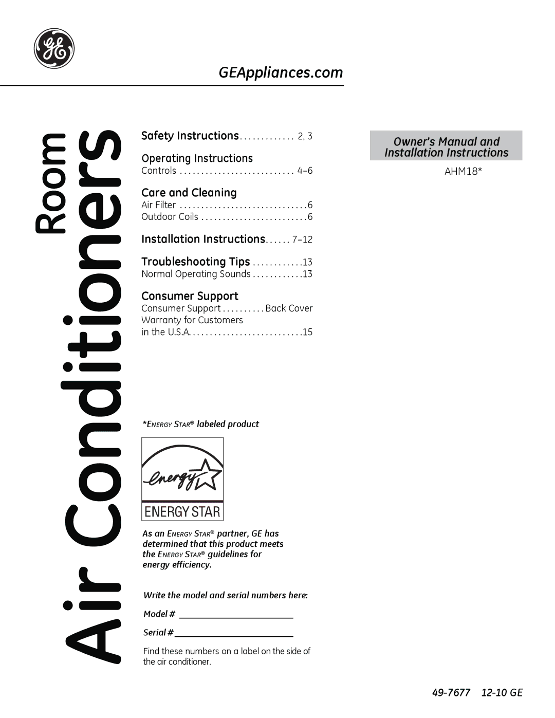 GE AHM18 operating instructions 49-7677 12-10 GE, Controls, Air Filter Outdoor Coils, Normal Operating Sounds 