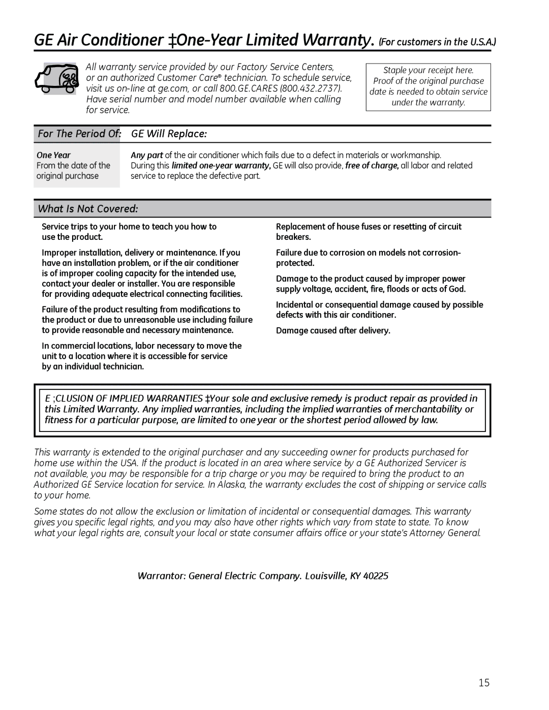 GE AHM18 For The Period Of GE Will Replace, What Is Not Covered, Warrantor General Electric Company. Louisville, KY 