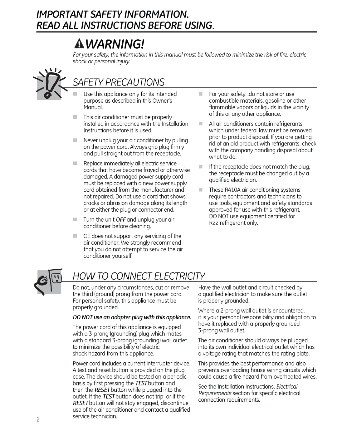 GE AHM18 Do not use equipment certified for R22 refrigerant only, Do not use an adapter plug with this appliance 