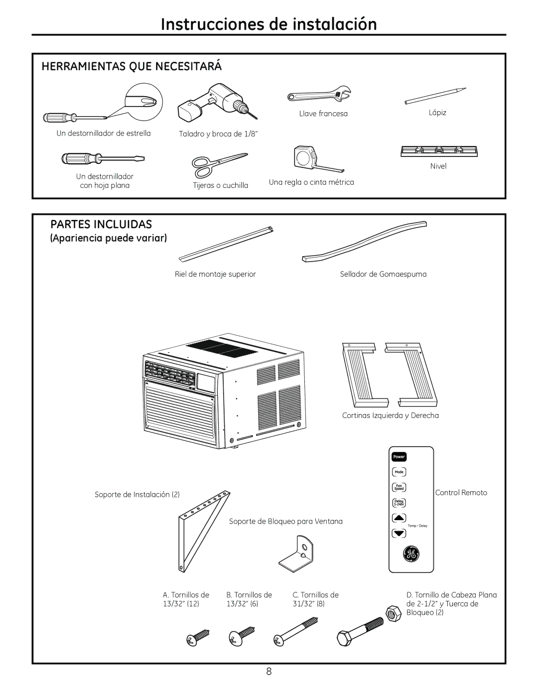 GE AHM18 operating instructions Herramientas QUE Necesitará, Partes Incluidas 