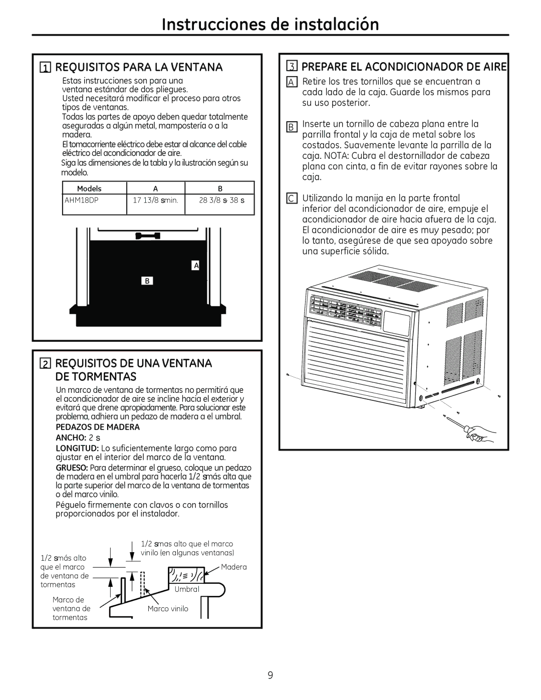 GE AHM18 operating instructions Requisitos Para LA Ventana, Requisitos DE UNA Ventana DE Tormentas 