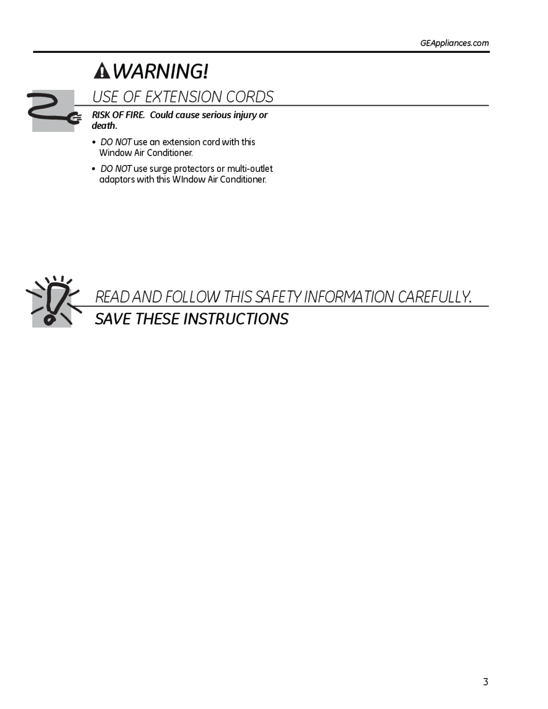 GE AHM18 operating instructions Risk of FIRE. Could cause serious injury or death, GEAppliances.com 