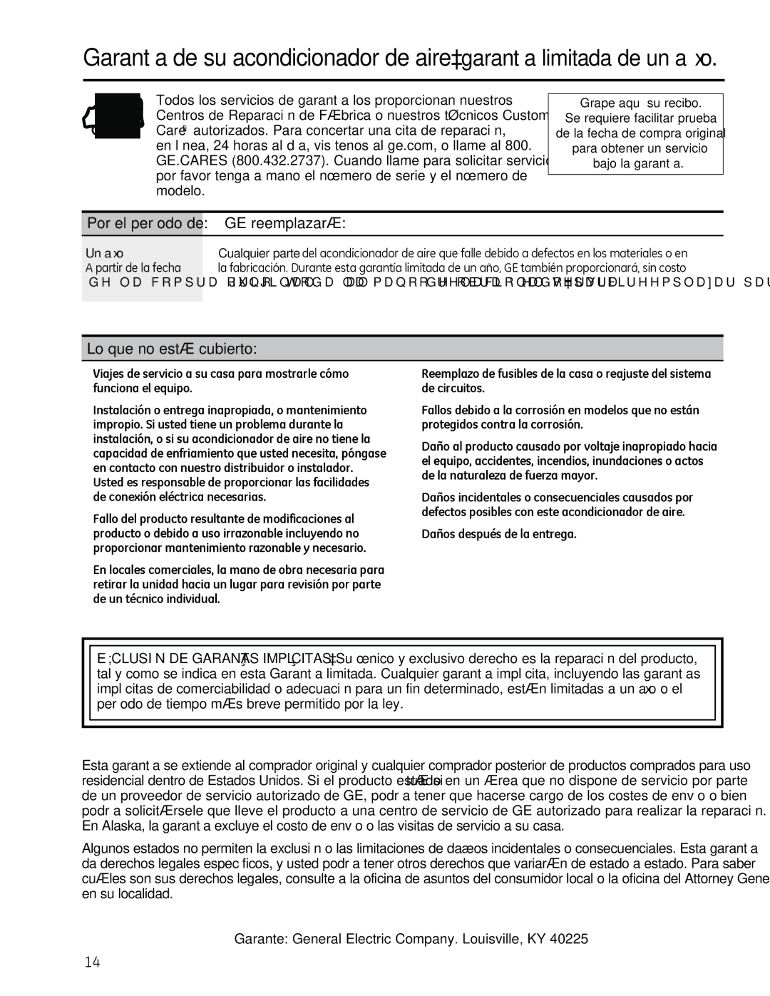 GE AHM18 GE reemplazará, Lo que no está cubierto, Garante General Electric Company. Louisville, KY, Un axo 