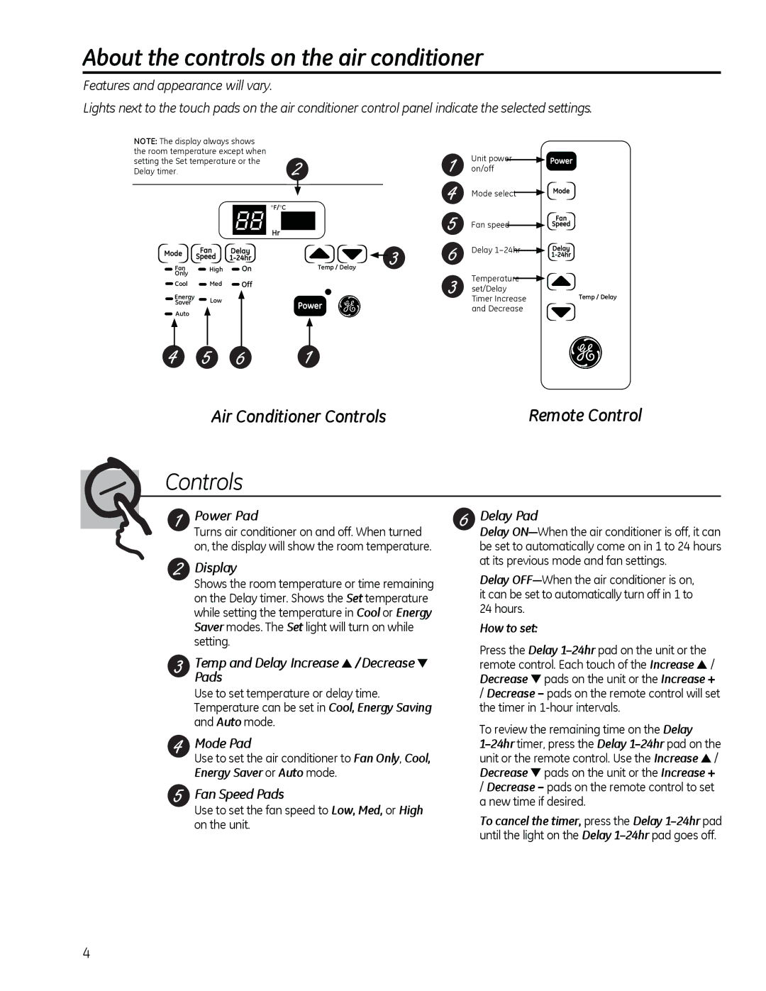 GE AHM18 operating instructions About the controls on the air conditioner 