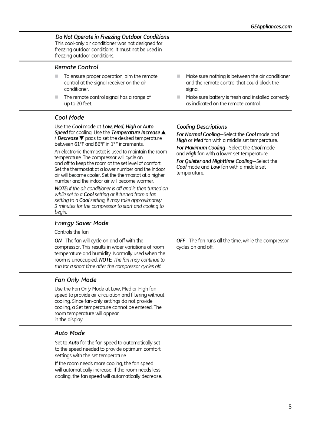 GE AHM18 Do Not Operate in Freezing Outdoor Conditions, Remote Control, Cool Mode, Energy Saver Mode, Fan Only Mode 