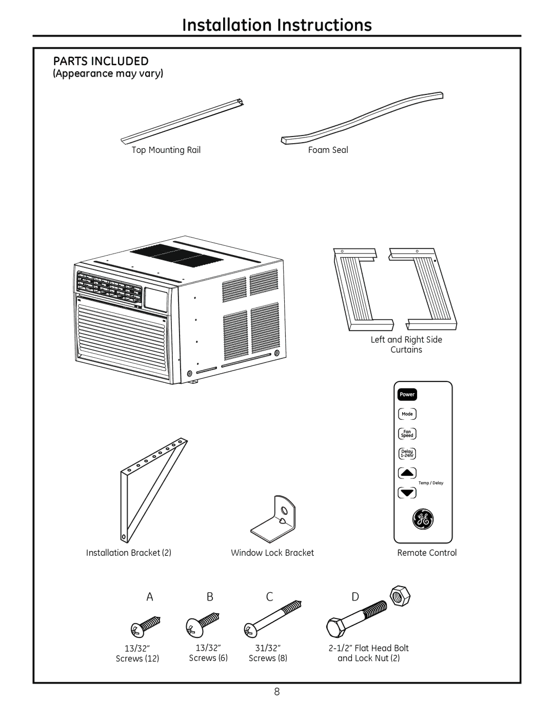 GE AHM18 operating instructions Parts Included, Top Mounting Rail Foam Seal, Installation Bracket, 13/32 31/32, Screws 