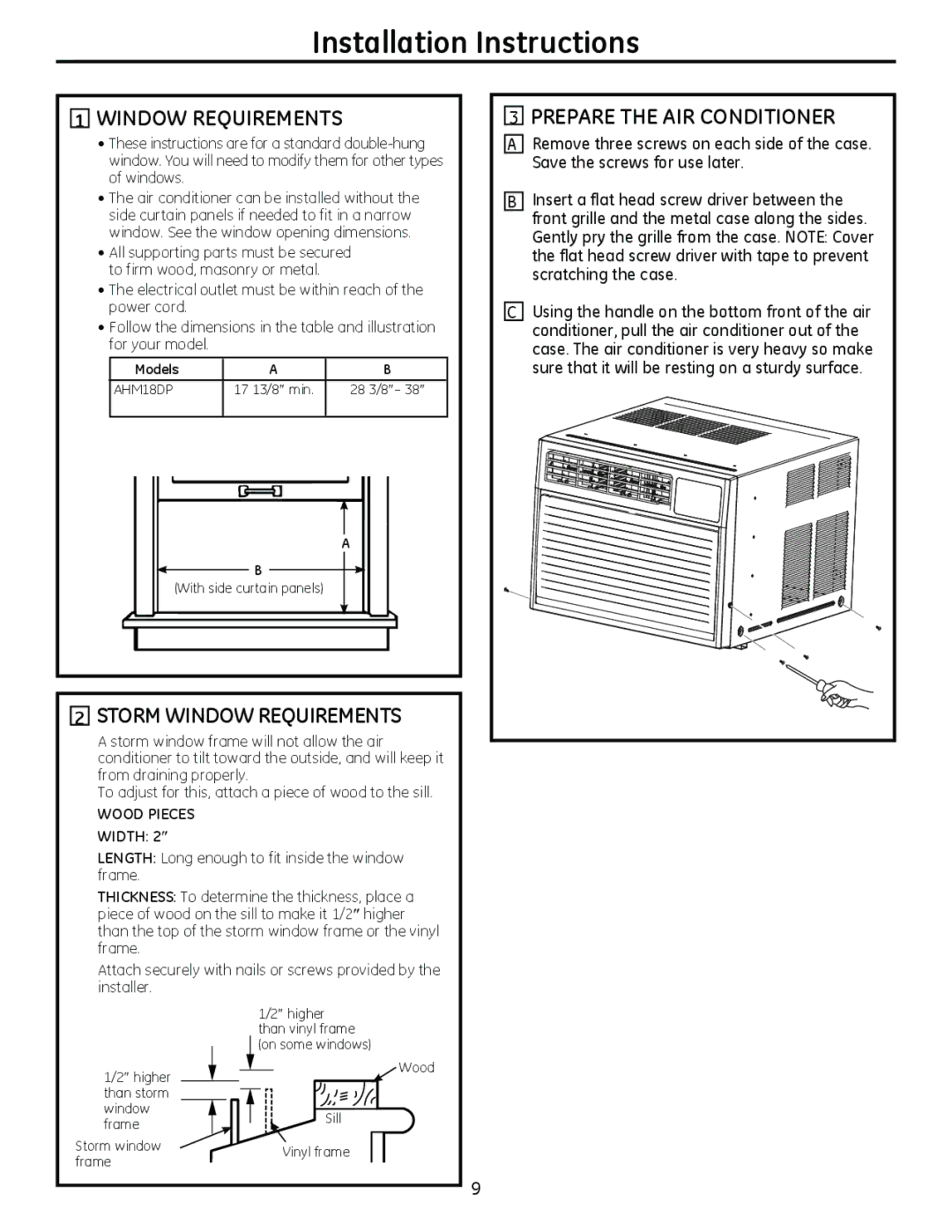 GE AHM18 operating instructions Storm Window Requirements, Prepare the AIR Conditioner 