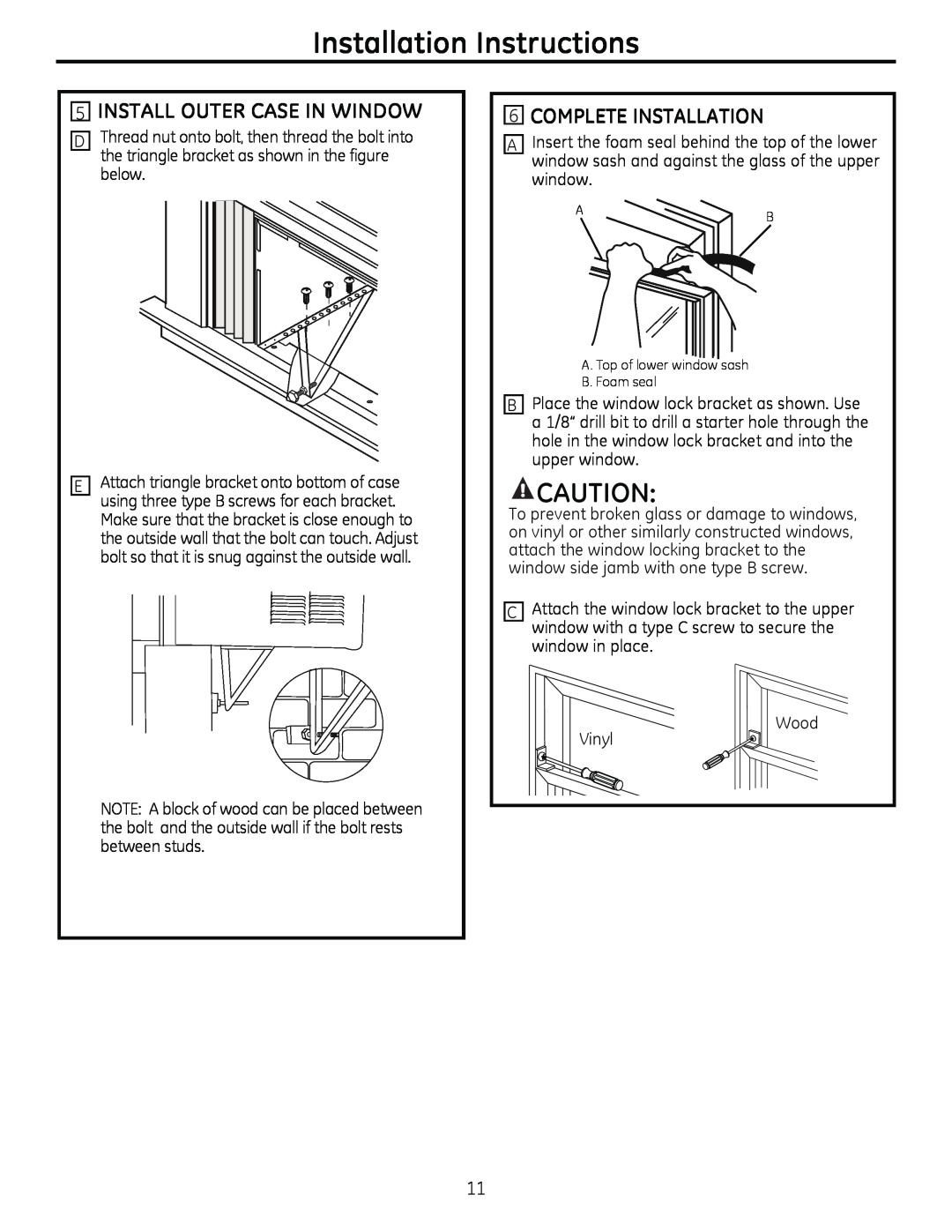 GE AHM18 operating instructions Install Outer Case In Window, 6COMPLETE INSTALLATION, Installation Instructions 