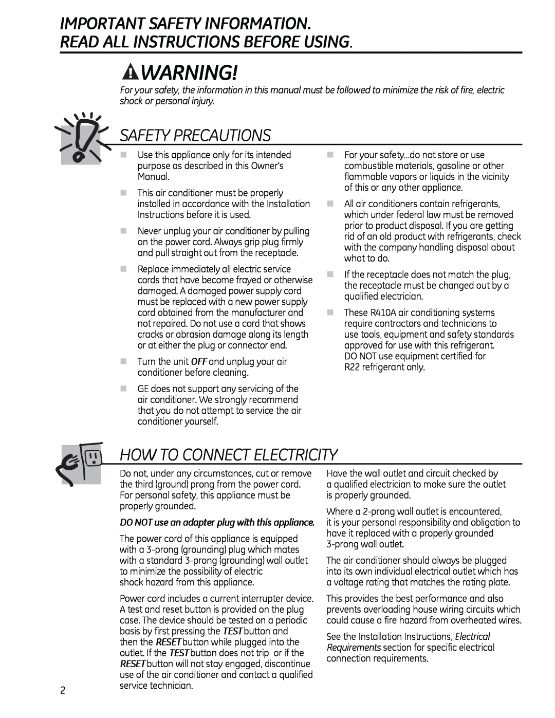 GE AHM18 Important Safety Information, Read All Instructions Before Using, Safety Precautions, How To Connect Electricity 