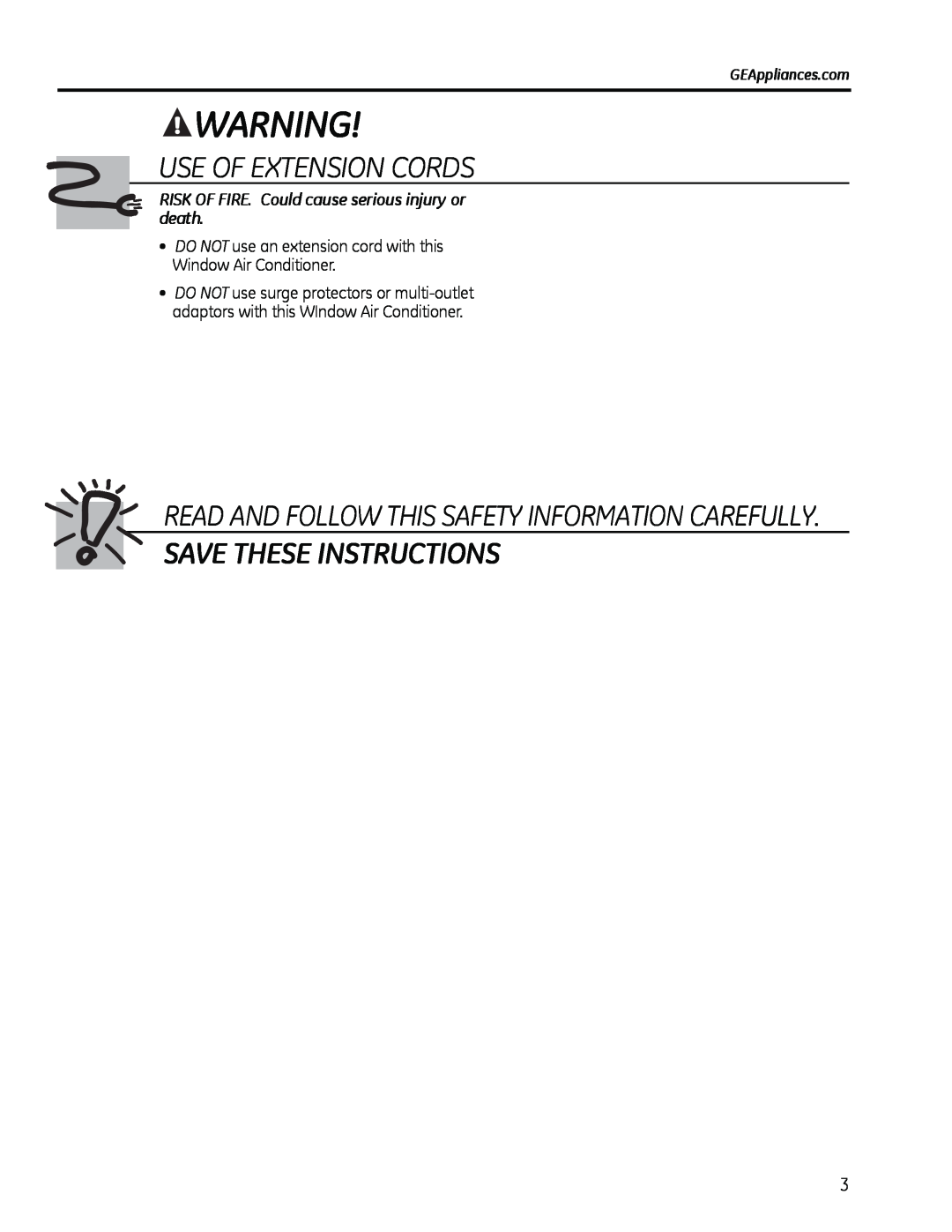 GE AHM18 Use Of Extension Cords, Save These Instructions, RISK OF FIRE. Could cause serious injury or death 