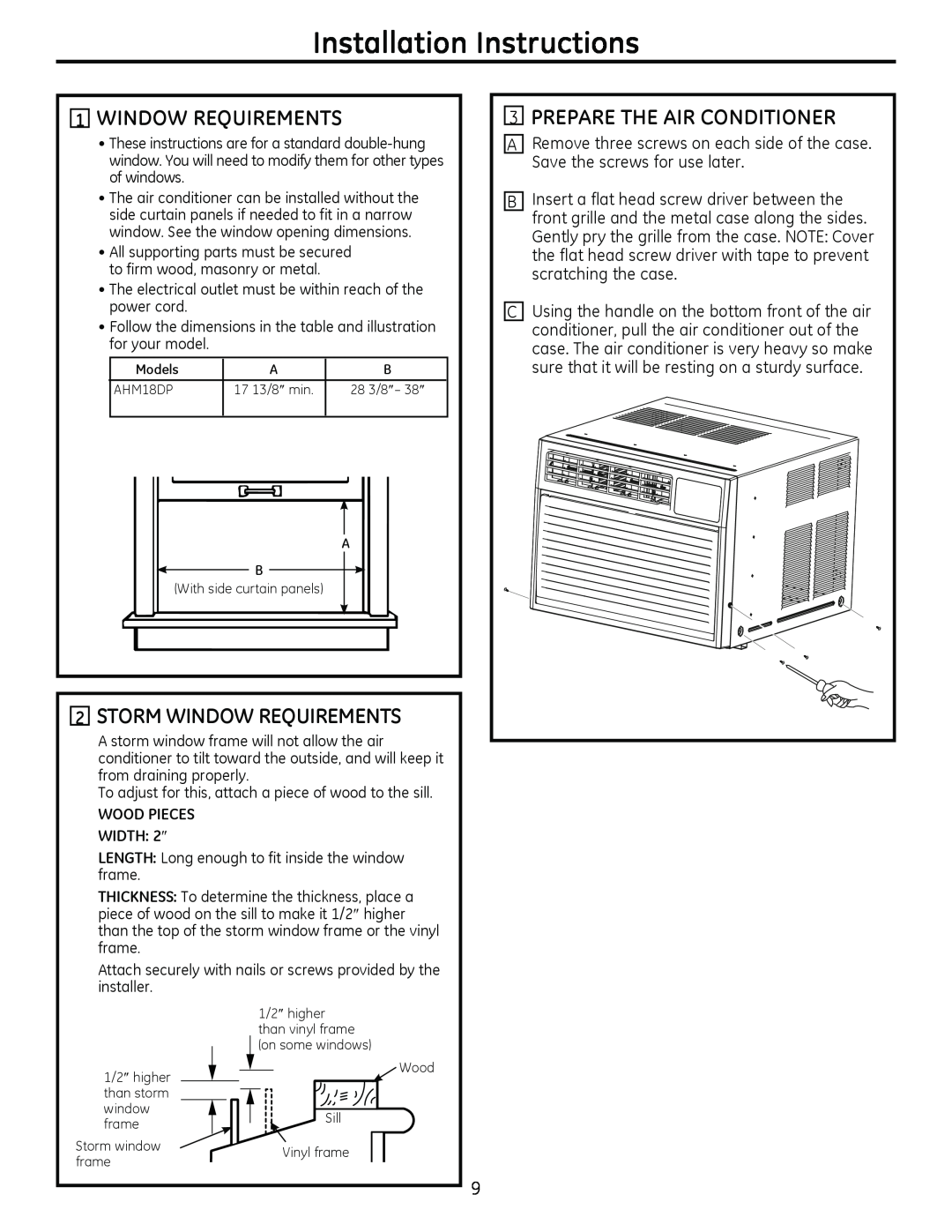 GE AHM18 1WINDOW REQUIREMENTS, 2STORM WINDOW REQUIREMENTS, 3PREPARE THE AIR CONDITIONER, Installation Instructions 
