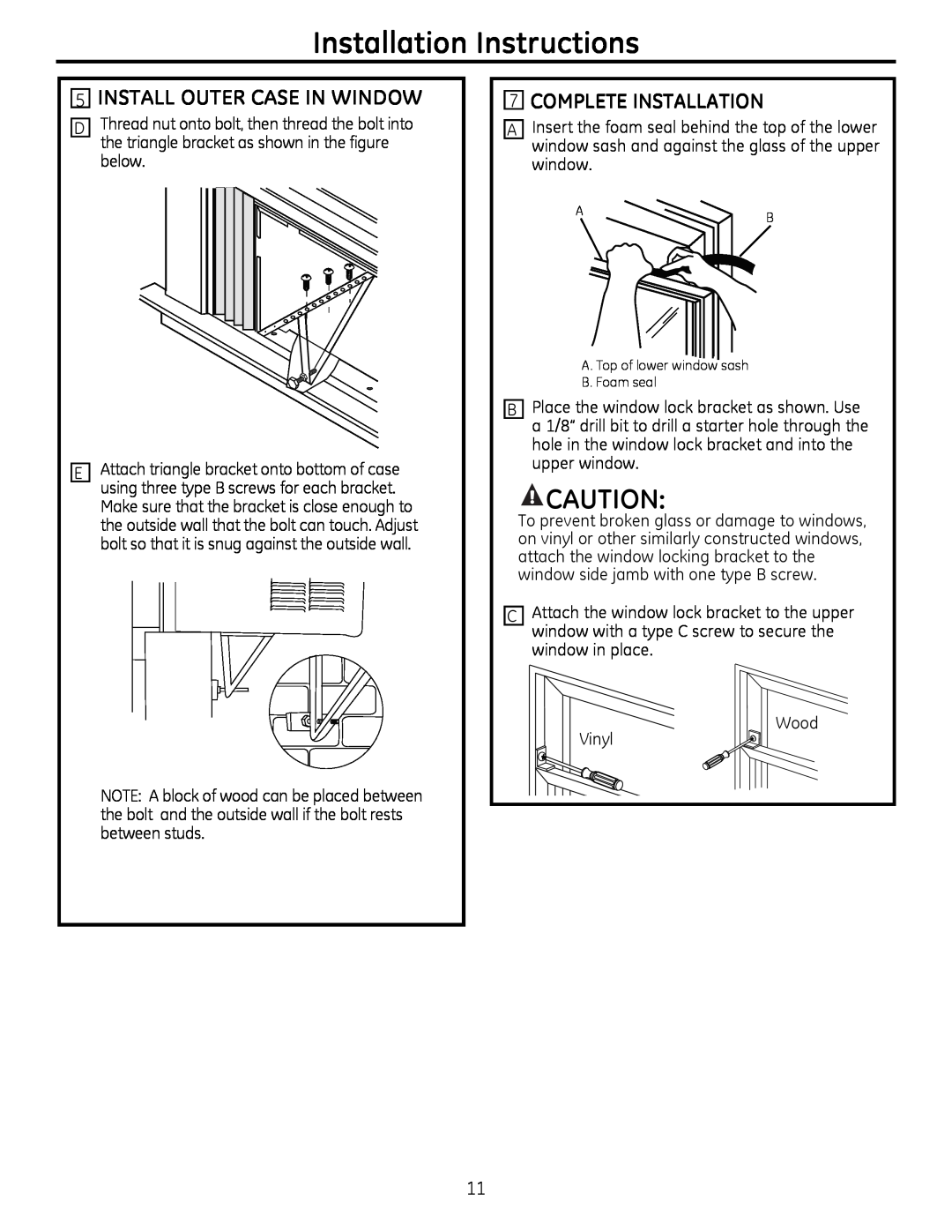 GE AHH24, AHM24 installation instructions Install Outer Case In Window, 7COMPLETE INSTALLATION, Installation Instructions 