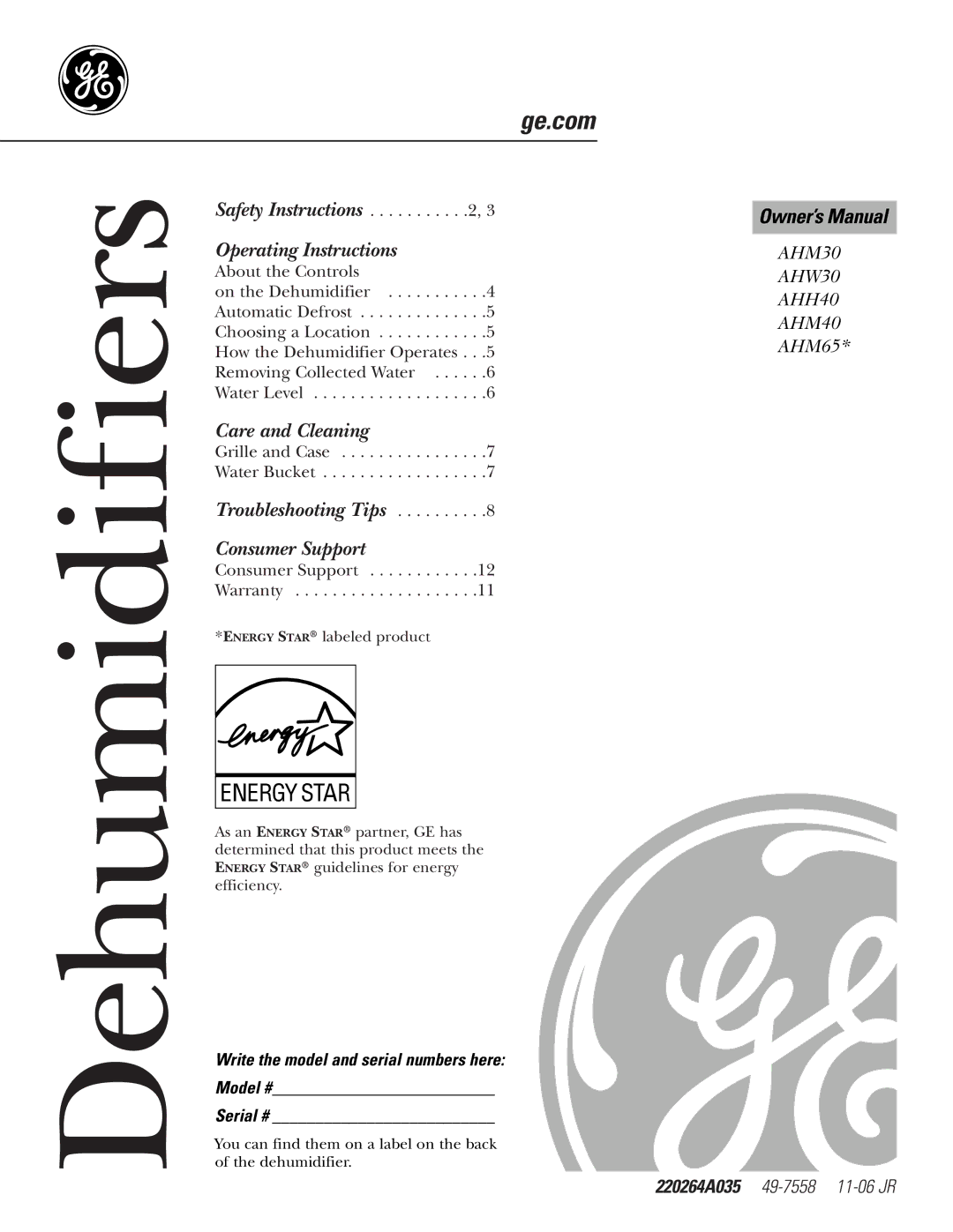 GE AHM65*, AHM40, AHM30 owner manual Dehumidifiers 