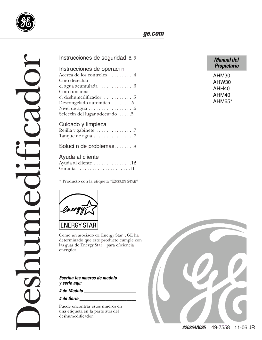 GE AHM65*, AHM40, AHM30 owner manual Manual del, Propietario 