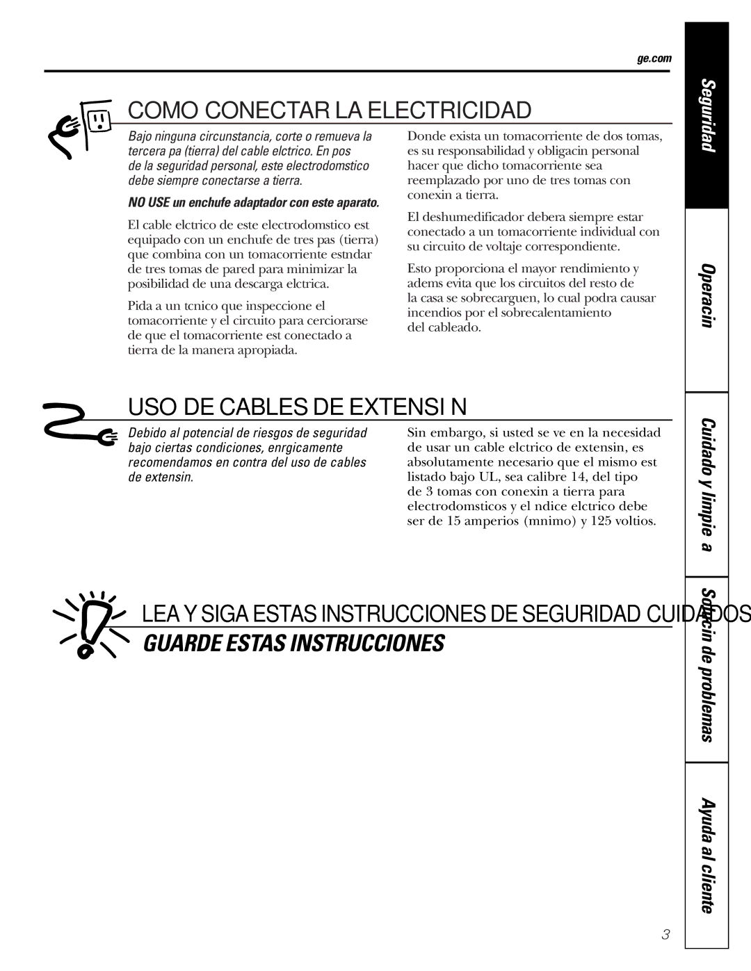 GE AHM40, AHM65*, AHM30 owner manual Como Conectar LA Electricidad, USO DE Cables DE Extensión, Operación, Cuidado y limpieza 